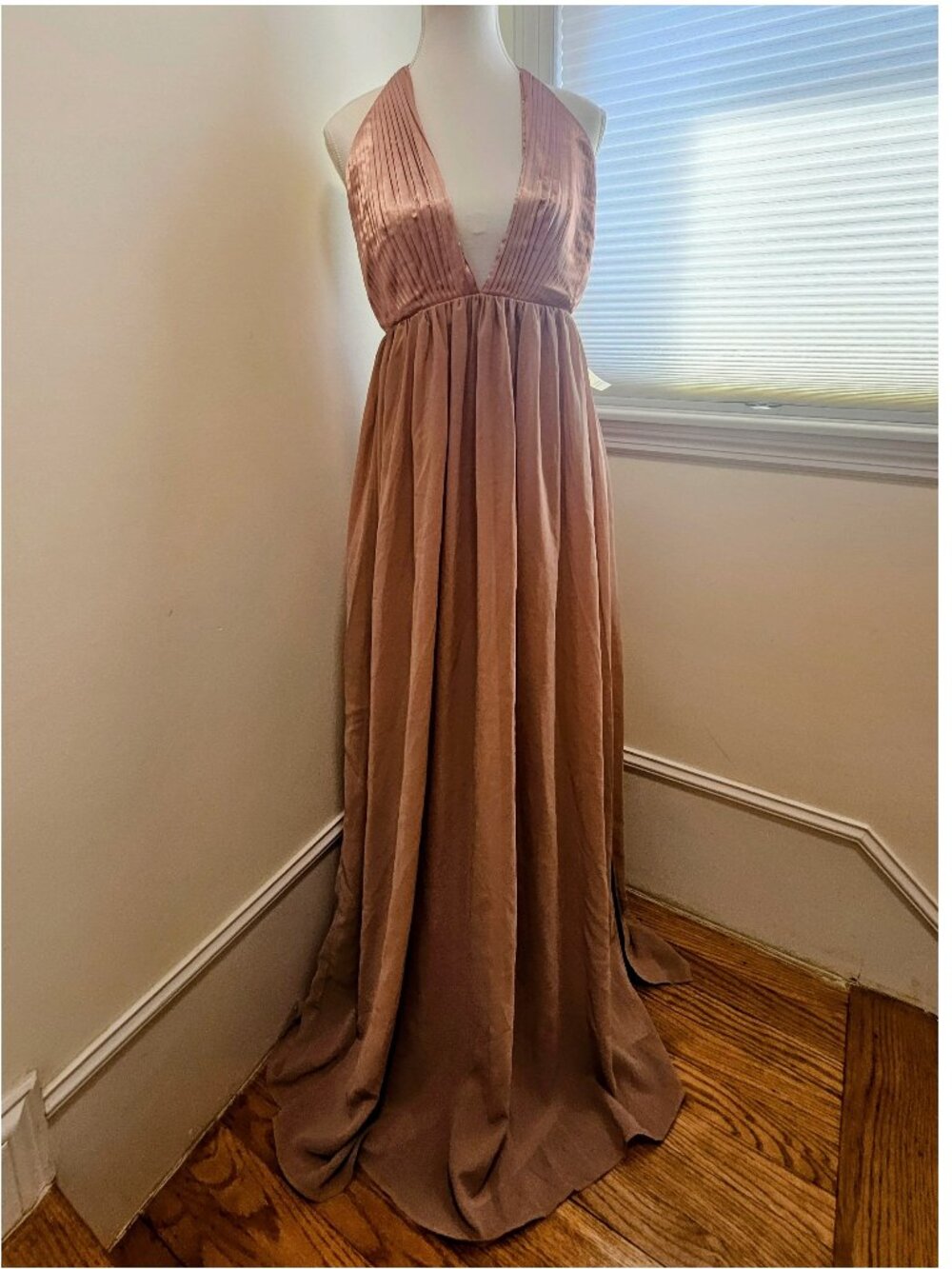 Tobi Blush Pink Halter Plunge Open Back Satin Chiffon Gown